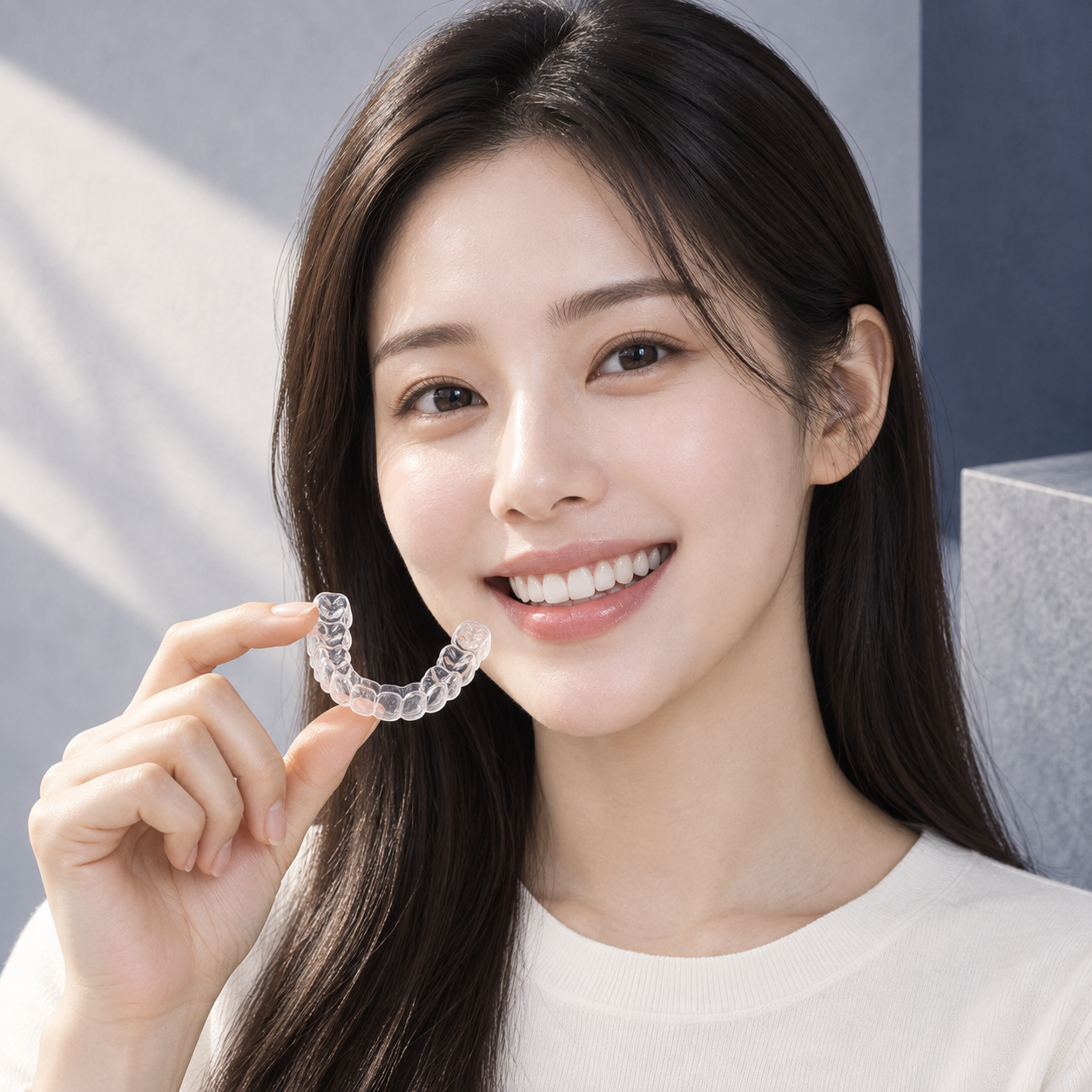 투명교정 장치를 손에 든 성인을 표현한 이미지