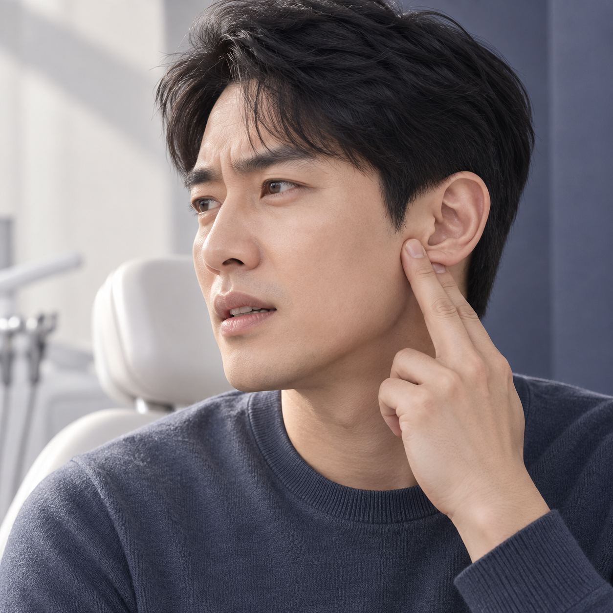 귀 앞쪽 턱관절 부위를 짚는 성인을 표현한 이미지
