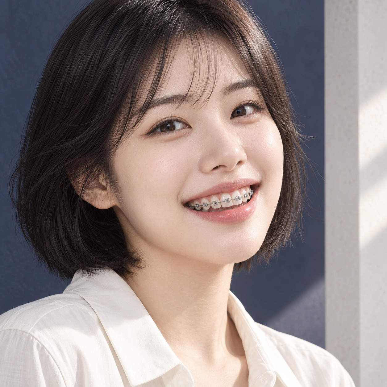 교정 장치를 착용한 성인의 미소를 표현한 이미지